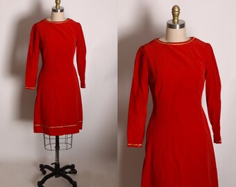 1960s Red Velvet 3/4 Length Sleeve Gold Trim Flared Christmas Dress -XS