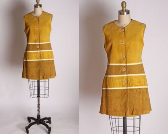 1960's Mustard Yellow Horizontal Stripe Sleeveless Color Block Chevron Mod Suede Leather Micro Mini Dress -S