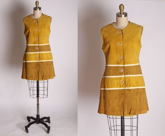 1960's Mustard Yellow Horizontal Stripe Sleeveless Color Block Chevron Mod Suede Leather Micro Mini Dress -S