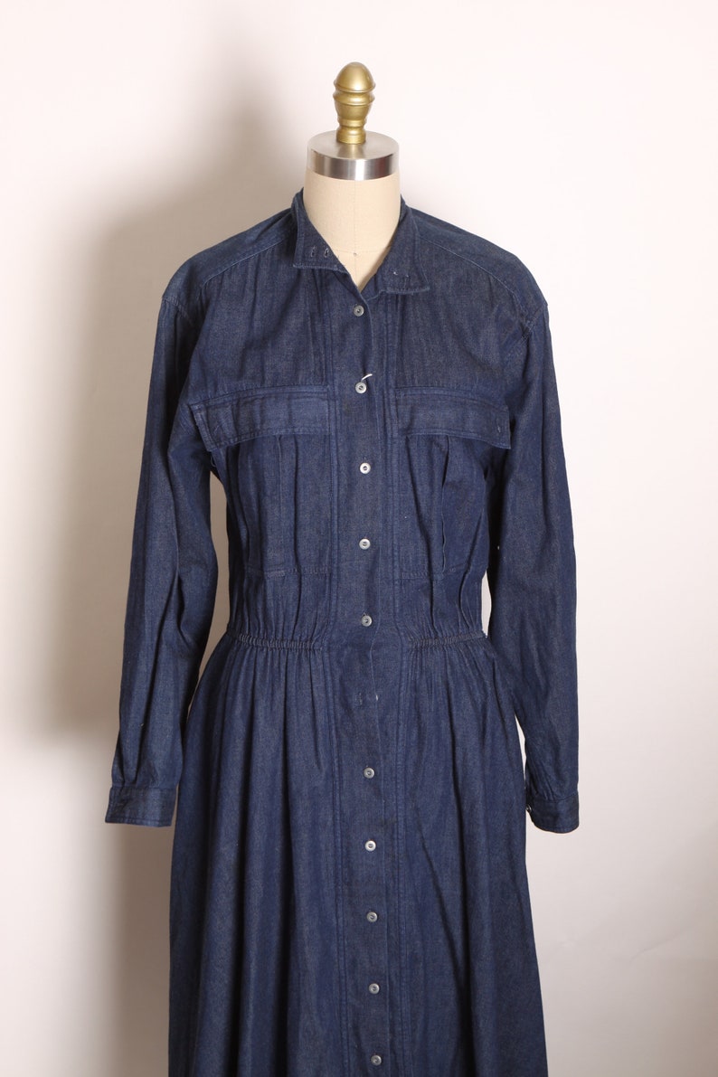1980s Blue Denim Button Up Fit and Flare Long Sleeve Dress by Andrew Harvey L image 2