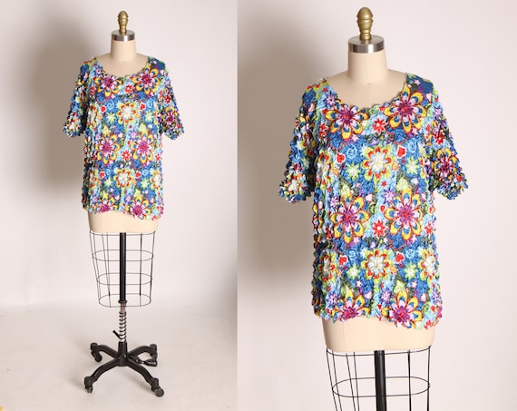 1990s Multi-Colored Flower Power Floral Short Slee