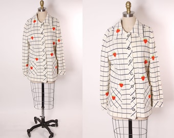 Late 1960s Early 1970s White, Navy Blue, Red and Green Novelty Strawberry Knit Long Sleeve Sweater Cardigan -L