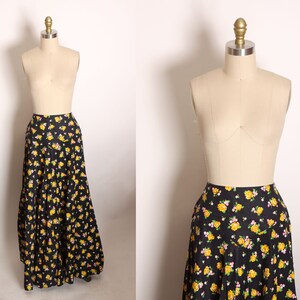 1970s Black, Yellow, Green and Pink Floral Full Length Prairie Cottagecore Skirt by Lanz Original M image 1