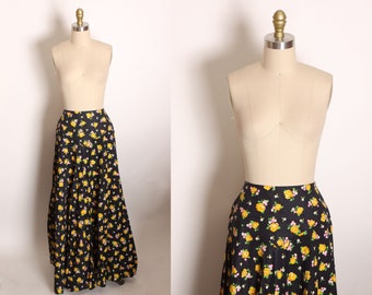 1970s Black, Yellow, Green and Pink Floral Full Length Prairie Cottagecore Skirt by Lanz Original  -M