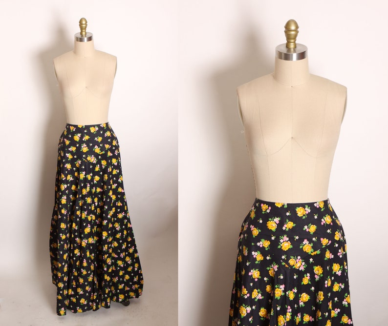 1970s Black, Yellow, Green and Pink Floral Full Length Prairie Cottagecore Skirt by Lanz Original M image 1