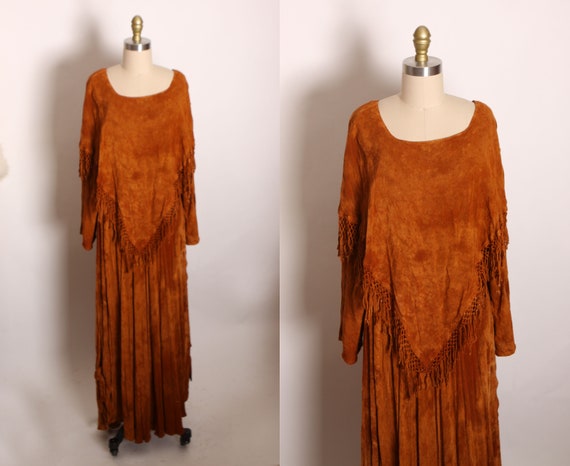 1980s Brown Boho Hippie Fringe Long Sleeve Moroccan Dress -2XL