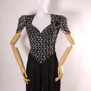 1970s Black and White Sequin Keyhole Cap Sleeve Beaded Fringe One Piece Jumpsuit by Susan Roselli for Vijack -S