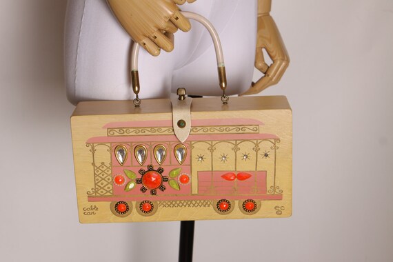 1960s Blonde Wood and Pink Novelty Cable Car Wooden Box Purse by Enid Collins