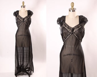 1930s Sheer Black Bias Cut Short Sleeve Ankle Length Lace Trim Ribbon Tie Art Deco Lingerie Night Gown -XL