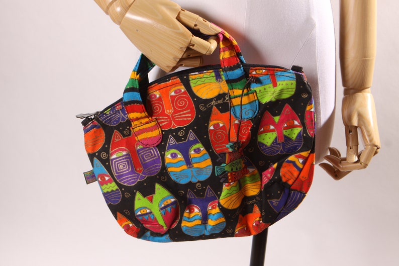 Deadstock 1980s Novelty Rainbow Multi-Colored Cat Print Top Handle Crossbody Shoulder Strap Purse by Laurel Burch image 1