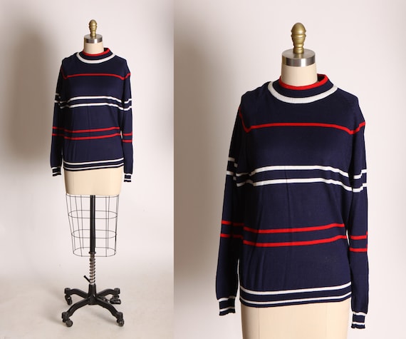 1960s Navy Blue, Red and White Long Sleeve Striped Pullover Acrylic Sweater by Miss Erika Inc. -M