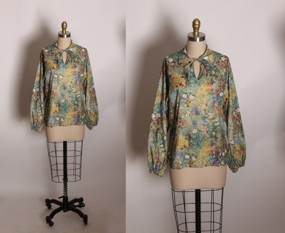 1970s Green Grass Multi-Colored Floral Flower Long Sleeve Keyhole Neck Tie Blouse -L