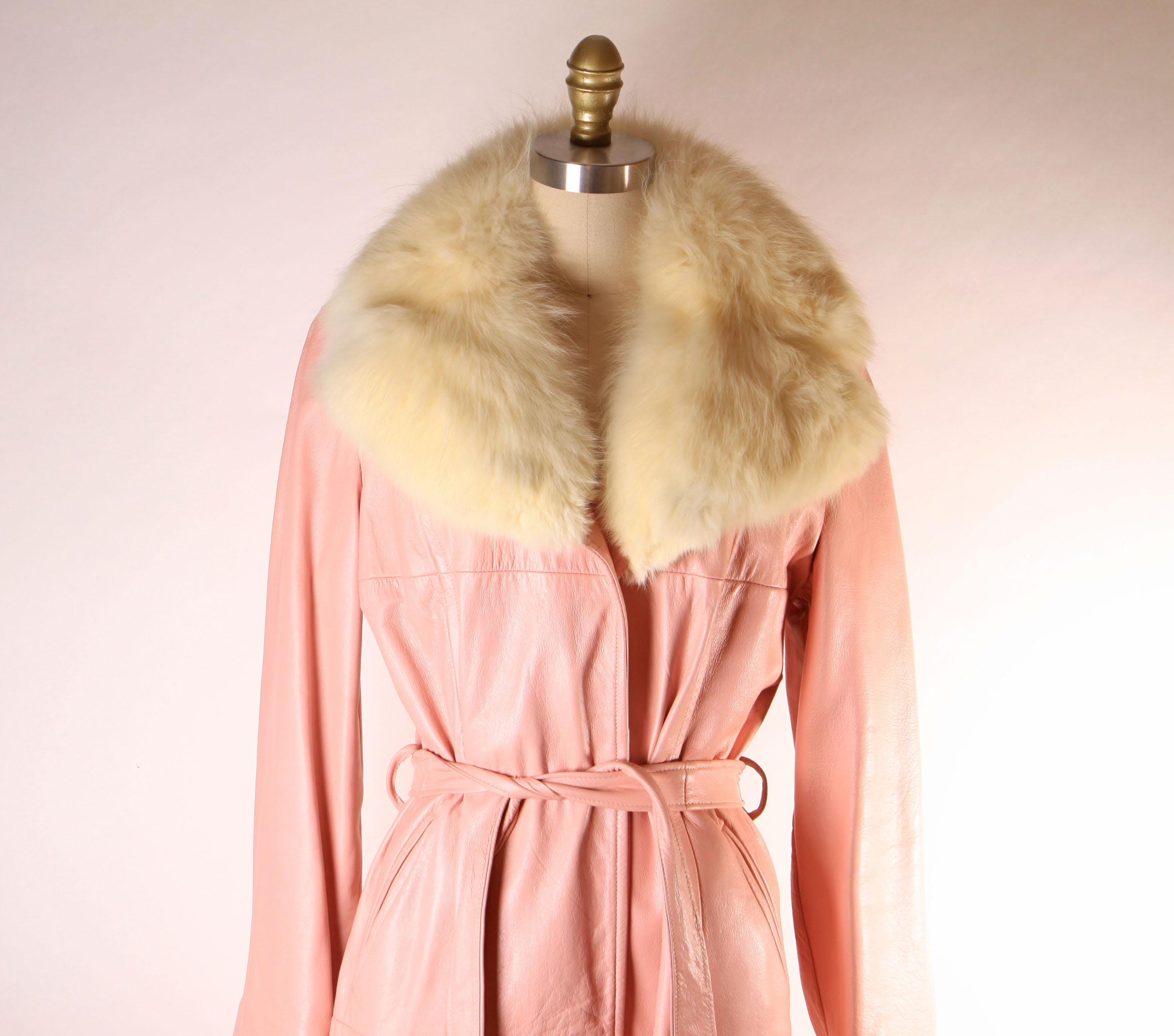 1970s Light Pink Leather Cream Fox Fur Collar Belted Trench Coat