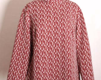 Late 1960s Early 1970s Burgundy and White Flecked Double Knit Polyester Long Sleeve Shift Dress -1XL
