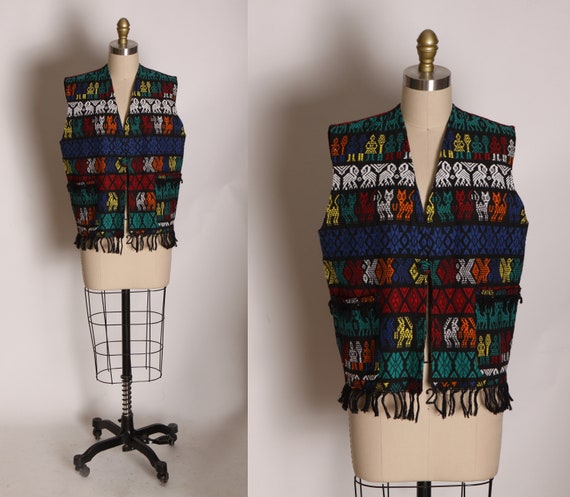 1960s 1970s Novelty Multi-Colored Sleeveless Cat, Bird and Donkey Guatemalan Vest -L