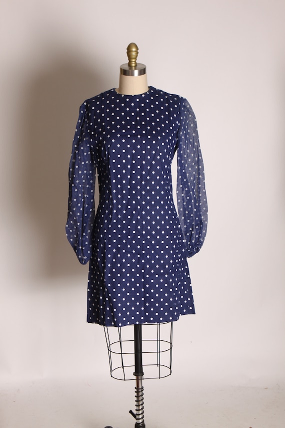 1960s Blue and White Polka Dot Sheer Long Sleeve … - image 2