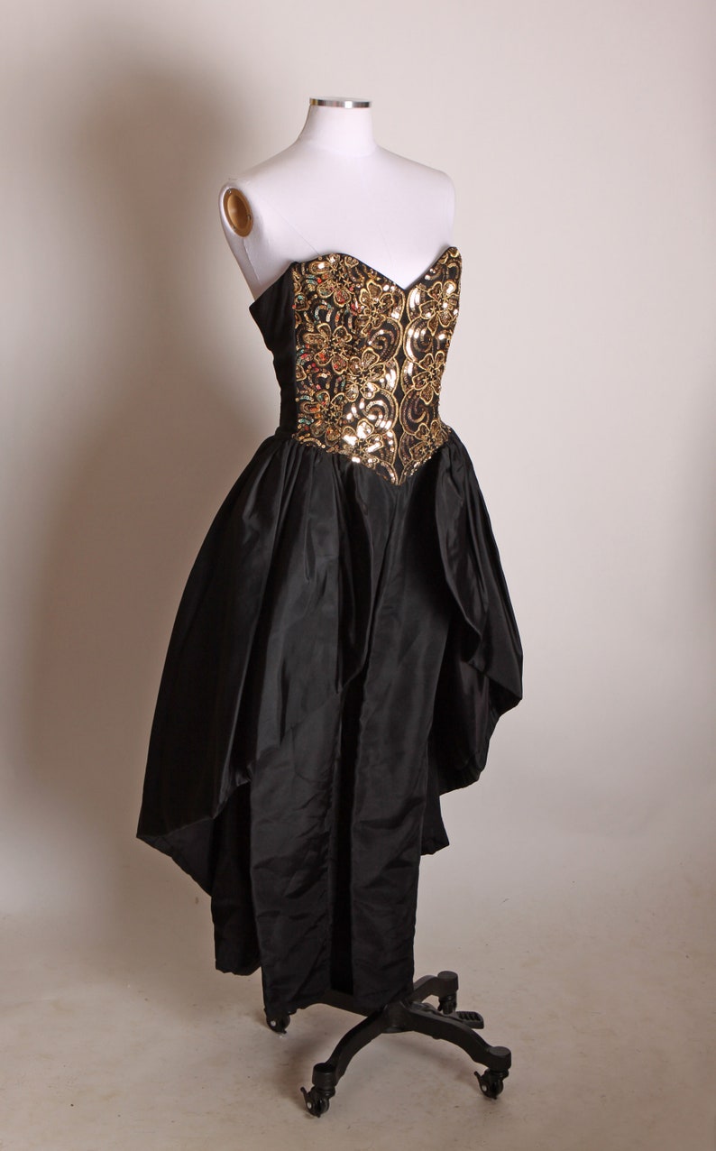 1980s Black and Gold Sequin Strapless Bodice One Piece Formal Cocktail Overskirt Dress Jumpsuit by Jessica McClintock for Gunne Sax XS image 7
