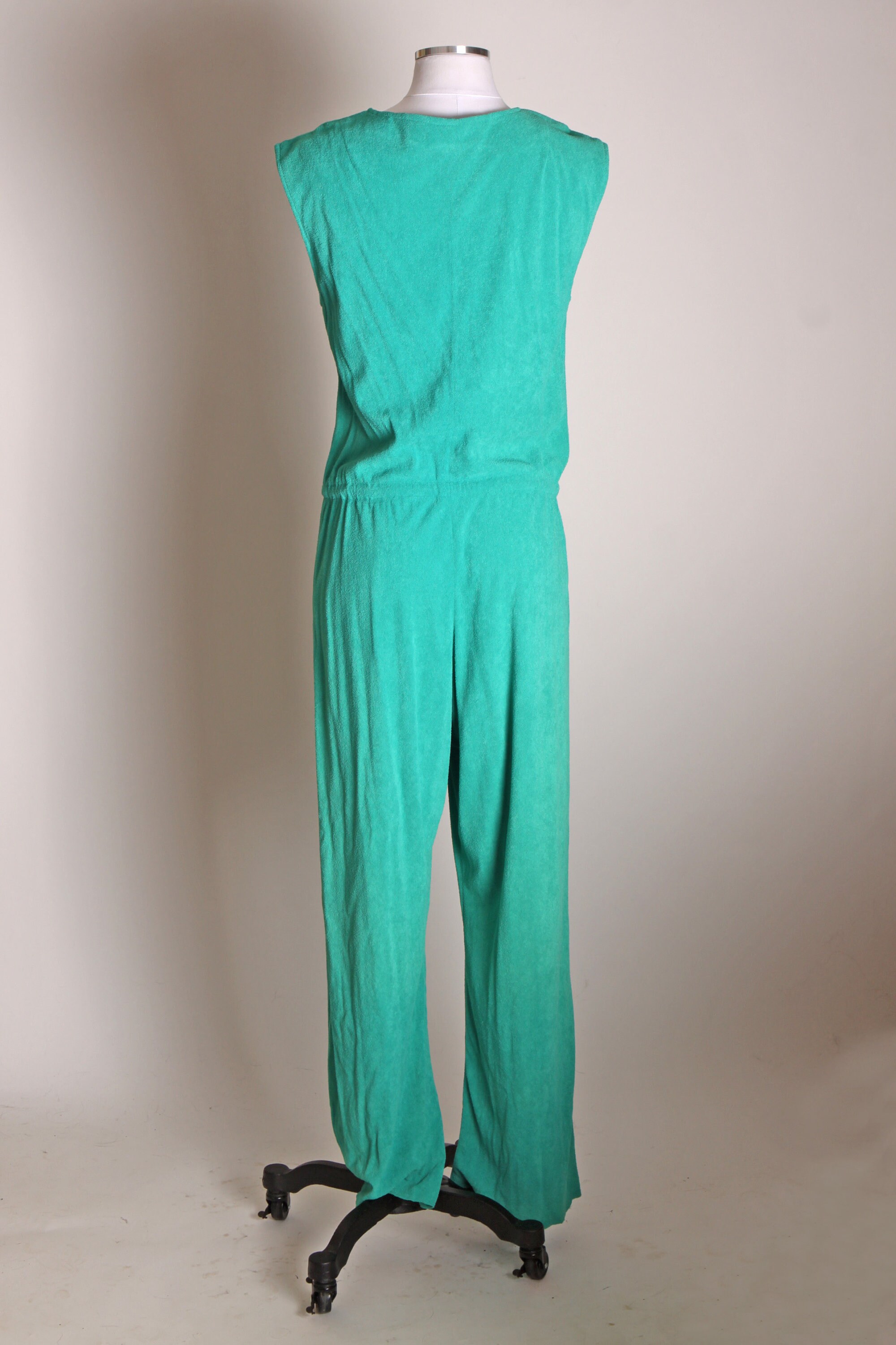 1970s Green Terry Cloth Style Material Sleeveless One Piece Jumpsuit -L