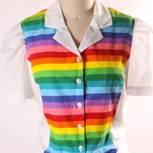 1980s White and Rainbow Print Short Sleeve Button Up Blouse with Matching Square Dance Skirt Two Piece Outfit L image 4