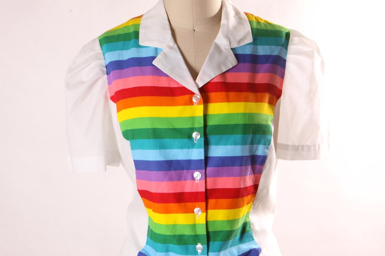 1980s White and Rainbow Print Short Sleeve Button Up Blouse with Matching Square Dance Skirt Two Piece Outfit L image 4