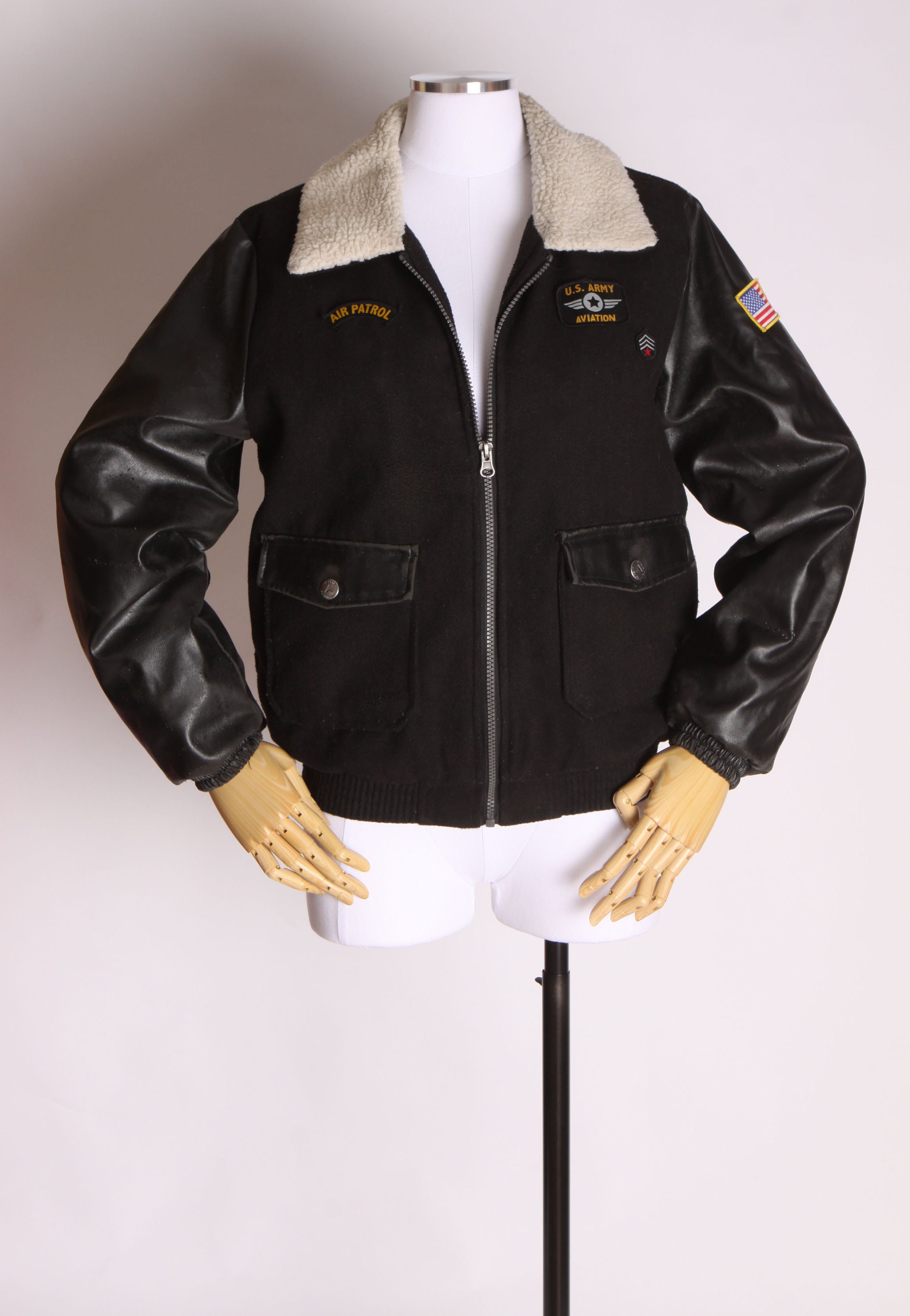 1990s Faux Leather Distressed Black Air Pilot Military Bomber Jacket by Ixtreme Outfitters -Size 