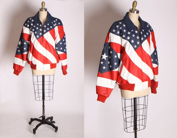 1990s Novelty Red White and Blue American Flag Leather Jacket Coat by Michael Hoban- M and 2XL