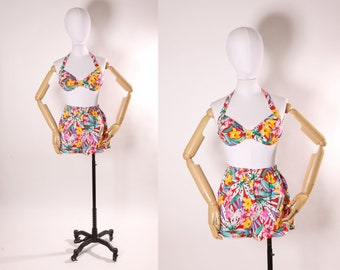 Deadstock 1980s Floral Red, Pink, Green and Yellow Floral Lily Bikini Top with Matching High Waisted Shorts Swimsuit Playsuit by Crystal Bay