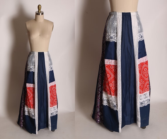 1970s Navy Blue, White and Red Patchwork and Lace A Line Ankle Length Skirt by Carefree Fashions