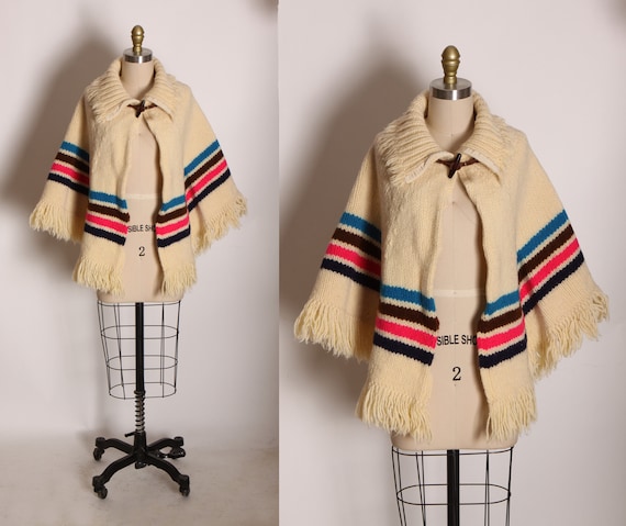 1970s Cream Off White, Pink, Blue, Brown and Black Striped Fringe Poncho