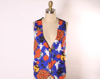 Vintage 80s Halloween Vest, Ghost and Pumpkin Print, Size S-M