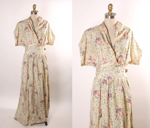 1940s Cream, Tan, Pink and Green Novelty Ancient Greece Print Short Sleeve Full Length Wrap Dress by Flobert -M