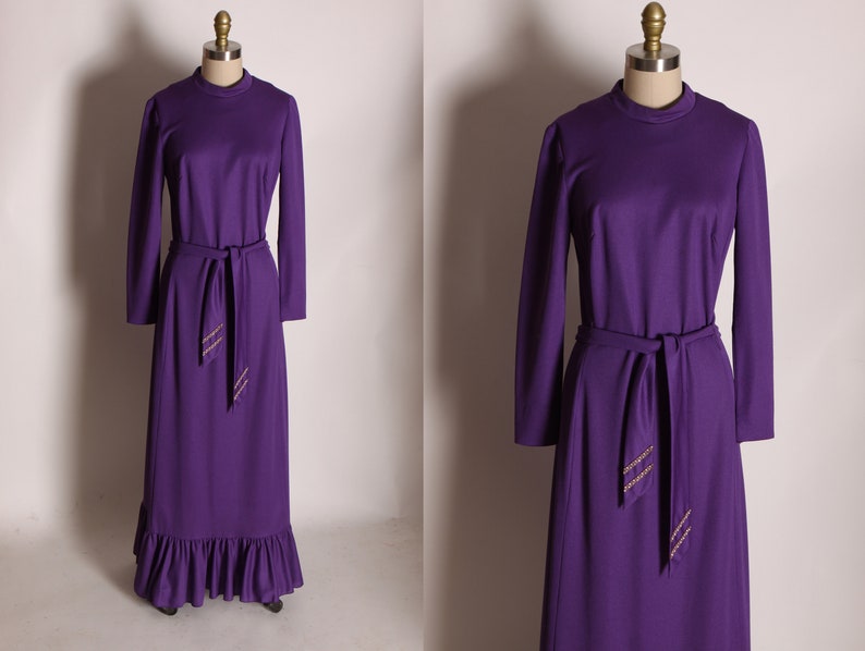 1970s Purple Long Sleeve Ruffle Hem Full Length Rhinestone Belted Dress by Edith Flagg M image 1