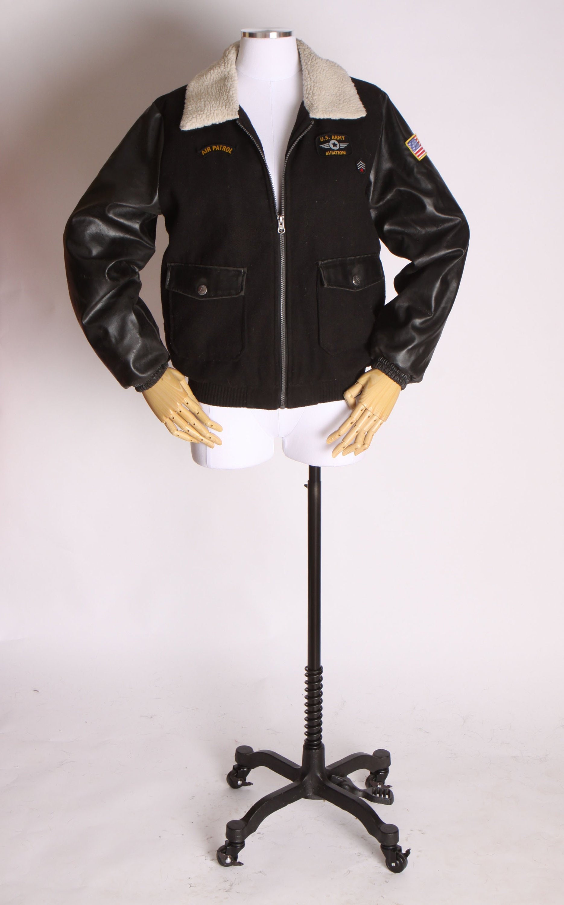 1990s Faux Leather Distressed Black Air Pilot Military Bomber Jacket by Ixtreme Outfitters -Size 