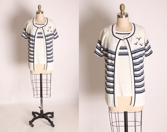 Deadstock 1960s Off White and Navy Blue Striped Novelty Seagull Short Sleeve Blouse with Matching Short Sleeve Jacket by Talbott Travler -S
