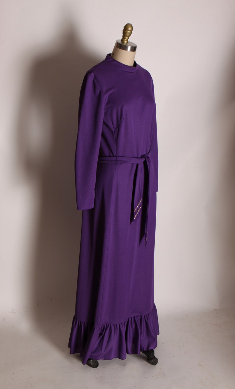 1970s Purple Long Sleeve Ruffle Hem Full Length Rhinestone Belted Dress by Edith Flagg M image 6