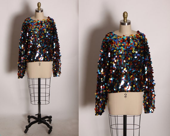 1990s Multi-Colored Rainbow Large Sequin Long Sleeve Pullover Blouse by Studio Michelle Stuart -S