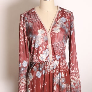 1970s Burgundy, Cream and Blue Fall Foliage Floral Flower Print Long Sleeve Dress L image 3