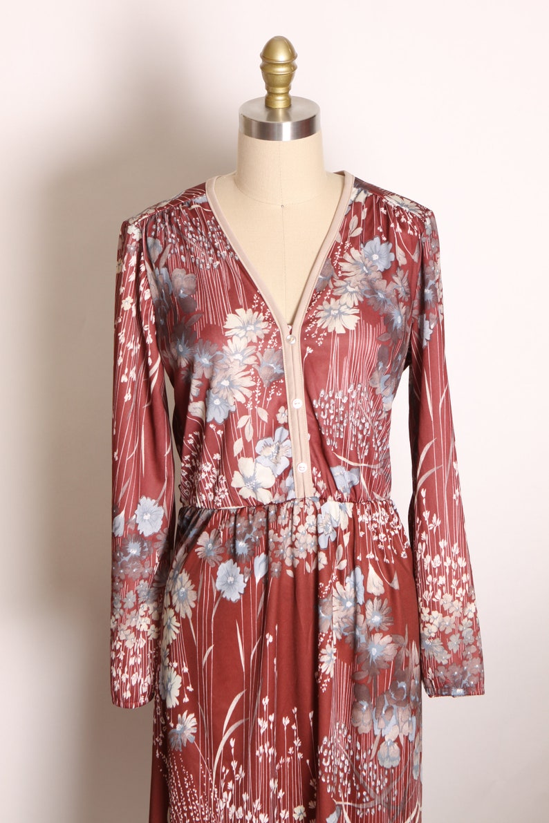 1970s Burgundy, Cream and Blue Fall Foliage Floral Flower Print Long Sleeve Dress L image 3