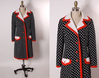 Late 1960s Black, White and Red Polka Dot Long Sleeve Double Knit Polyester Button Down Jacket Coat by Lilli Ann Knit -S