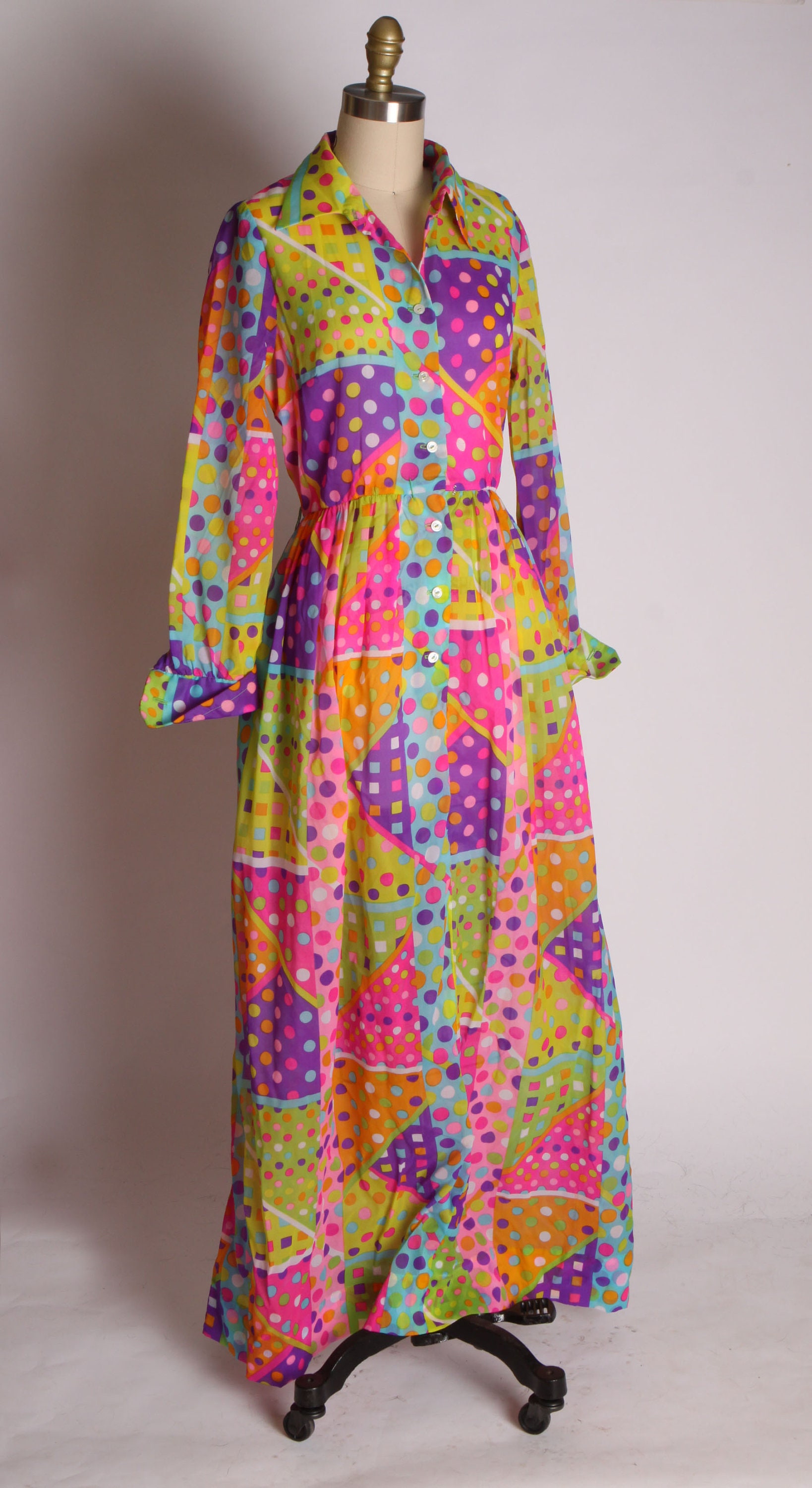 1960s Bold Polka Dot Patchwork Neon Cottagecore Pink Green and Yellow ...