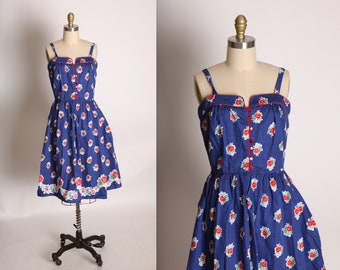 1970s Navy Blue, Red and White Floral Rose Border Print Cottagecore Prairie Sun Dress -S