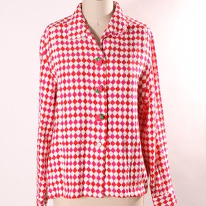 Late 1960s Early 1970s Pink, Red and White Harlequin Square Print Long Sleeve Strawberry Button Covers Blouse L image 5