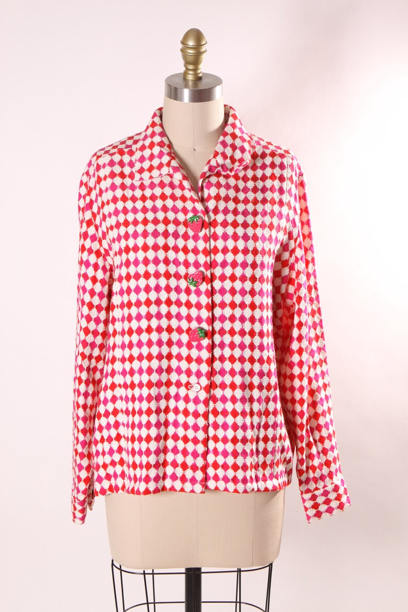 Late 1960s Early 1970s Pink, Red and White Harlequin Square Print Long Sleeve Strawberry Button Covers Blouse L image 5