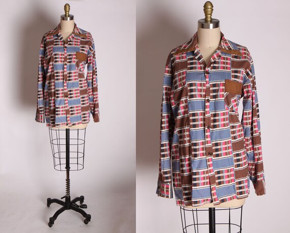 1950s Plaid Geometric Print Blue Brown Pink Button