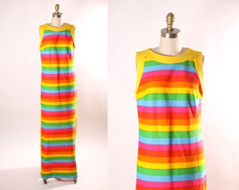 1960s Sleeveless Multi-Colored Rainbow Ankle Length Side Slits Dress -M