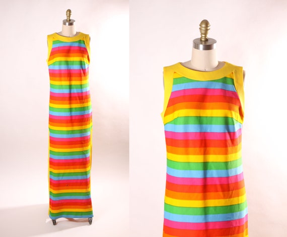 1960s Sleeveless Multi-Colored Rainbow Ankle Length Side Slits Dress -M