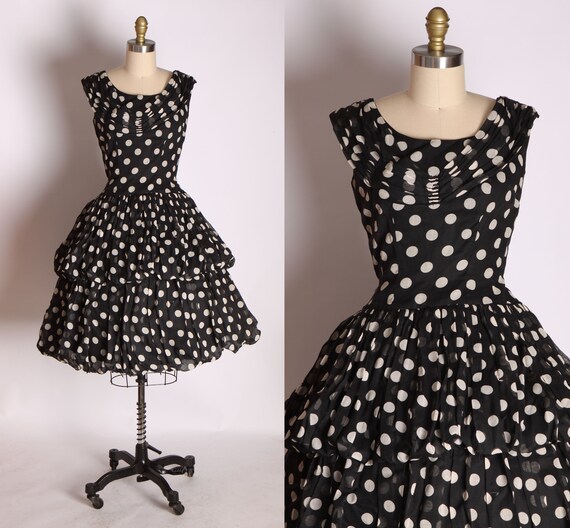 1950s Designer Tiered Black and White Polka Dot Ruched Off the Shoulder Bubble Hem Drop Waist Dress by Colin Originals -M