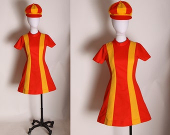 1960s Ketchup Red and Mustard Yellow Striped Mod Burger King Uniform Mini Dress with Matching Hat Uniform by Pretti Careers -XS