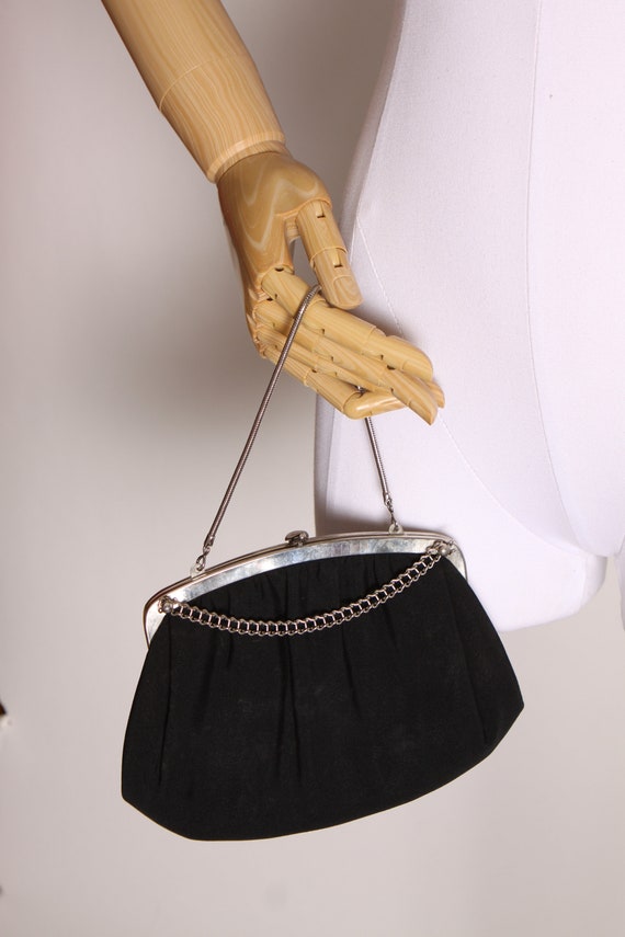 1940s Black Silver Tone Chain Clutch Evening Bag … - image 5