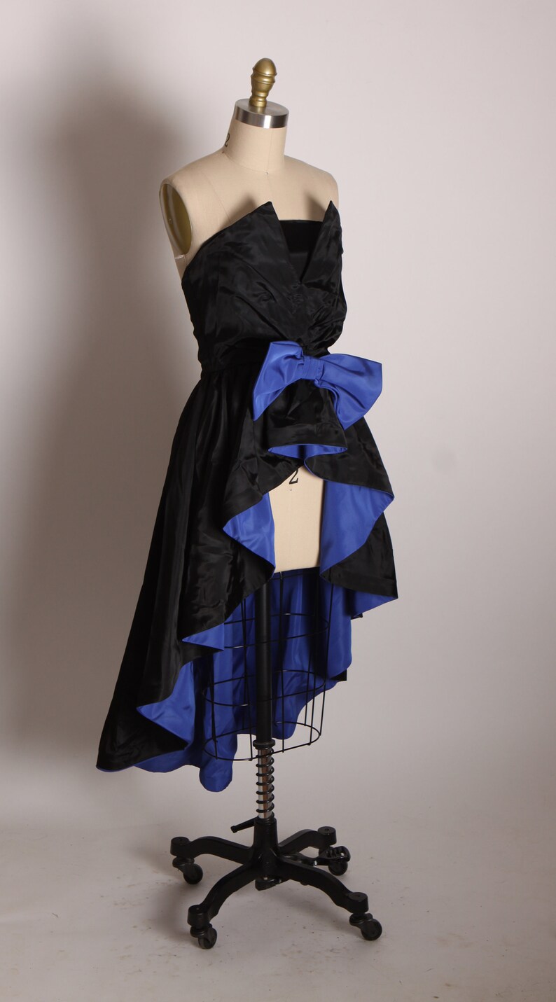 1980s Black and Blue Asymmetrical Strapless High Cut Front Hostess Overskirt Formal Cocktail Dress